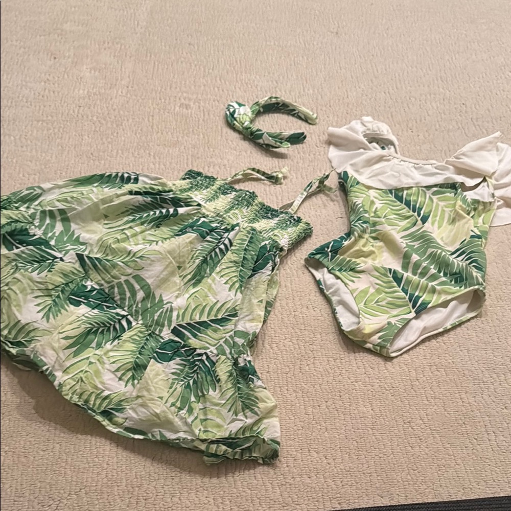 Janie and Jack Green Leaf Print Kids Swim Set